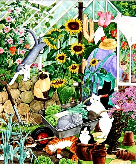 Grandma and 10 cats in the greenhouse von Linda  Benton