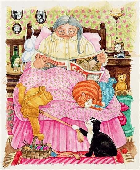 Grandma and 2 cats and a pink bed von Linda  Benton