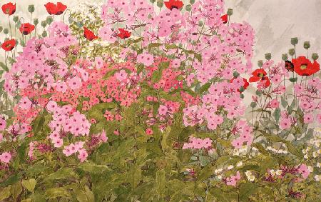 Pink Phlox and Poppies with a Butterfly (w/c on paper) 