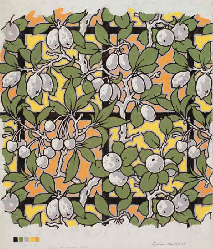 Mixed Fruit on Trellis, Entwurf für bedruckte Baumwolle von Lindsay P. Butterfield
