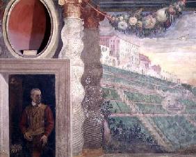 The main salon, detail of decoration depicting the Villa d'Este and a man in a doorway 1550