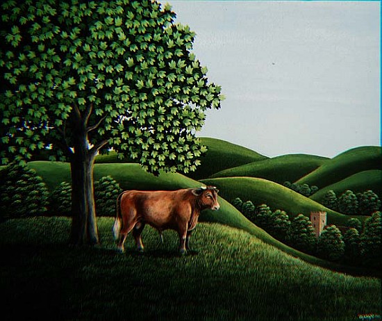 Bull on a hill, 1981 (gouache)  von Liz  Wright