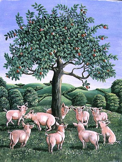 Pigs under the apple tree, 1983 (gouache)  von Liz  Wright