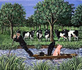 Punting for business, 1983 (gouache) 