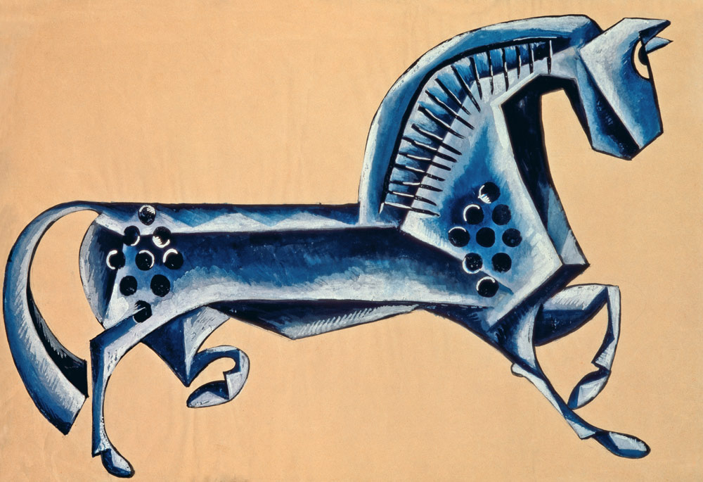 Blaues Pferd. Entwurf zum Theaterstück Das Märchen vom Popen und seinem Knecht Balda von A. Puschkin von Ljubow Sergejewna Popowa