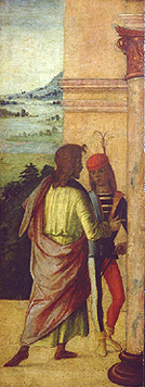 Zwei Männer, an einer Säule stehend von Lorenzo Costa