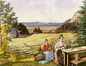 Blick über eine Hügellandschaft mit zwei Frauen an einem Tisch. von Lorenzo Quaglio d.J.