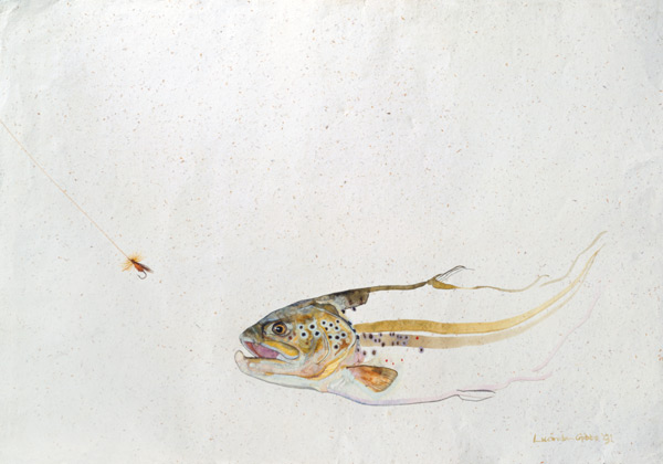 Trout chasing a fisherman''s fly (mixed media) (1991)  von Lou  Gibbs