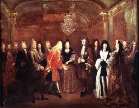 Louis XIV (1638-1715) welcomes the Elector of Saxony, Frederick Augustus II (1670-1733) to Fontaineb 1715