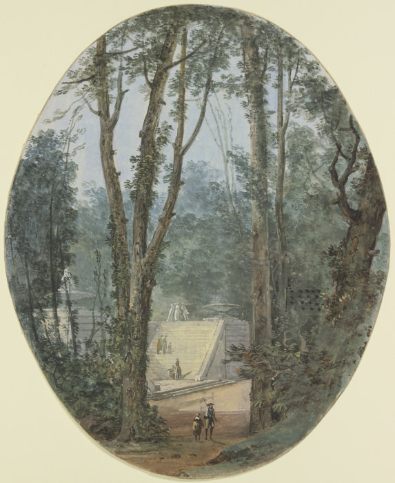 Parklandschaft mit hohen Bäumen und dem Blick auf einen Treppenanstieg im Mittelgrund von Louis Gabriel Moreau