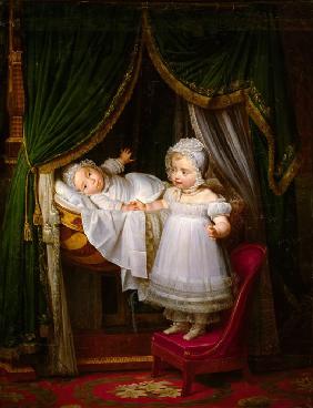 Henri d'Artois, Graf von Chambord, duc de Bordeaux in der Wiege mit seiner Schwester Louise Marie Th 1821