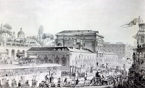 Antiquities found at Herculaneum being transported to the Naples Museum, c.1782 (pen, ink & watercol von Louis Jean Desprez