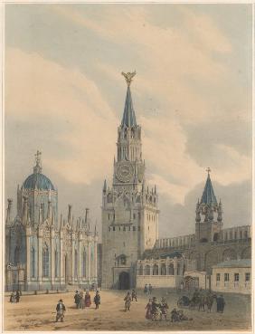 Der Turm des Erlösers (Spasskaja Turm) und die St. Katharinenkirche des Auferstehungsklosters im Mos 1845