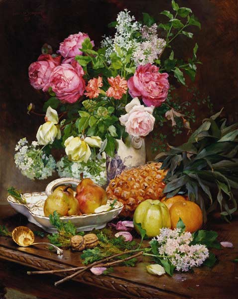 Stillleben mit Blumenstrauß und Früchten von Louis Marie de Schryver