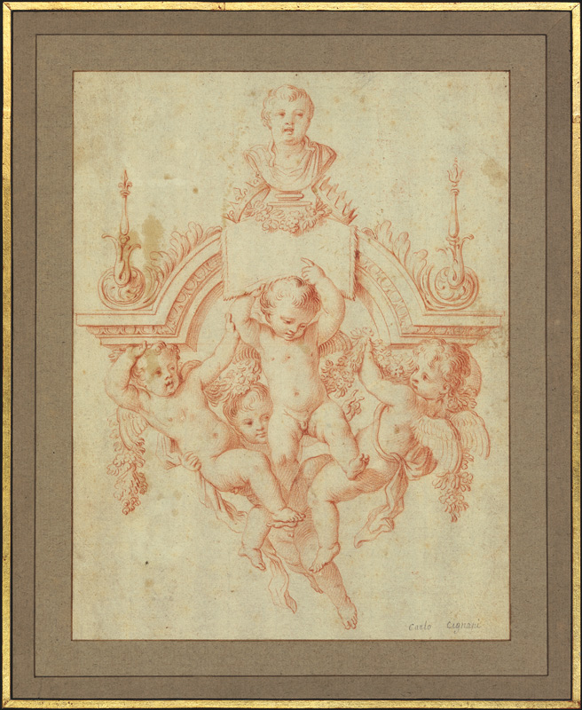 Vier Amoretten tragen ein Gesims mit einer Büste von Louis Testelin