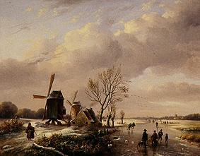 WinterlFlußlandschaft mit Eisläufern und Windmühlen von Louis Verwee