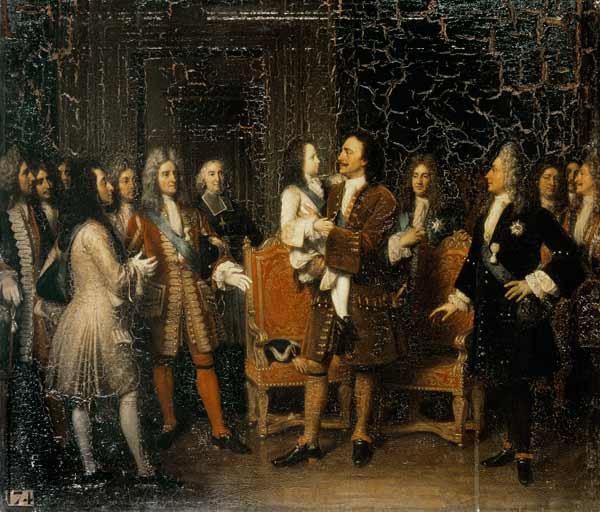 Louis XV (1710-74) Visiting Peter I (1672-1725) the Great at l'Hotel de Lesdiguieres von Louise Marie Jeanne Hersent