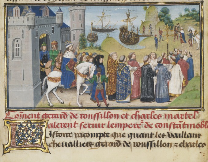 Der byzantinische Kaiser begrüßt Roussillon und Martel von Loyset Liédet