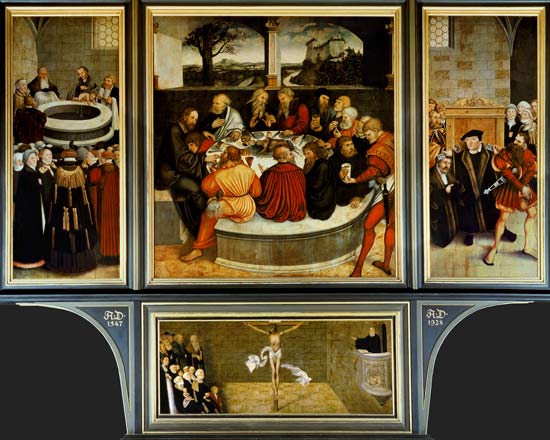 Triptych, left panel, Philipp Melanchthon performs a baptism assisted by Martin Luther; centre panel von Lucas Cranach d. Ä.