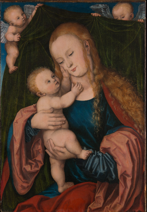 Madonna mit Kind vor einem von Engeln gehaltenen Vorhang von Lucas Cranach d. Ä.