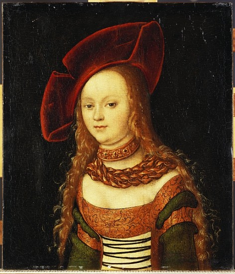 Portrait of a young girl, half length, wearing a green and gold costume with a red hat von Lucas Cranach d. Ä.