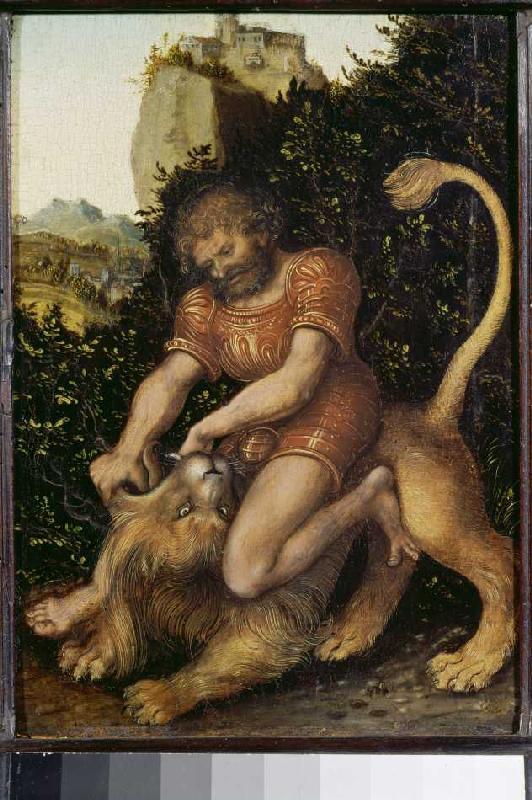 Samson, den Löwen bezwingend. von Lucas Cranach d. Ä.