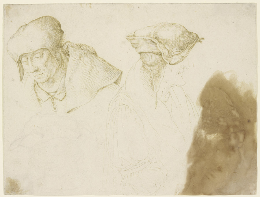 Kopf des Evangelisten Lukas, einer Assistenzfigur der Esther vor Ahasver sowie eines Dritten von Lucas van Leyden
