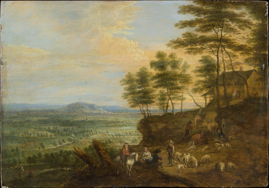 Landschaft mit Viehherde vor tiefem Landschaftsausblick von Lucas van Uden