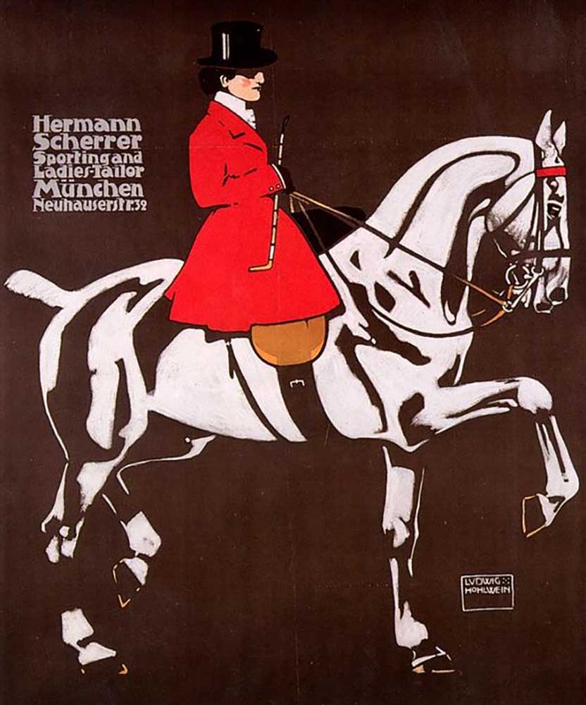 Dame zu Pferde in Reitkostüm, wie es zur Fuchsjagd in England getragen wird von Ludwig Hohlwein