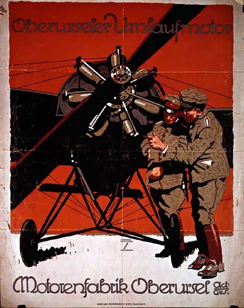 Plakat mit dem Flugzeugmotor "Oberurseler Umlaufmotor", 1914 von Ludwig Hohlwein