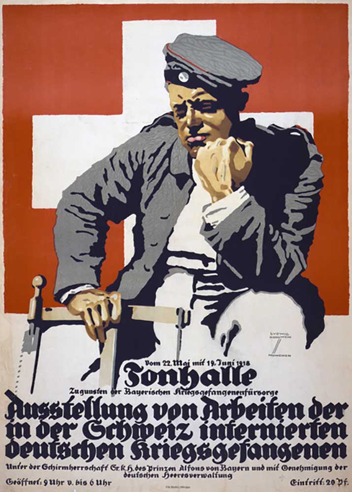 Plakat mit einer Ausstellung von Werken deutscher Kriegsgefangener, die 1918 in der Schweiz internie von Ludwig Hohlwein