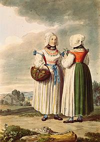 Trachtenstudie: Zwei Bäuerinnen aus der Gegend von Aichach/Schrobenhausen Um 1805