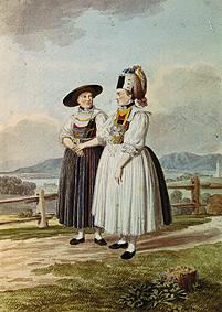 Trachtenstudie: Zwei Bäuerinnen aus der Gegend von Miesbach/Schliersee Vor 1804