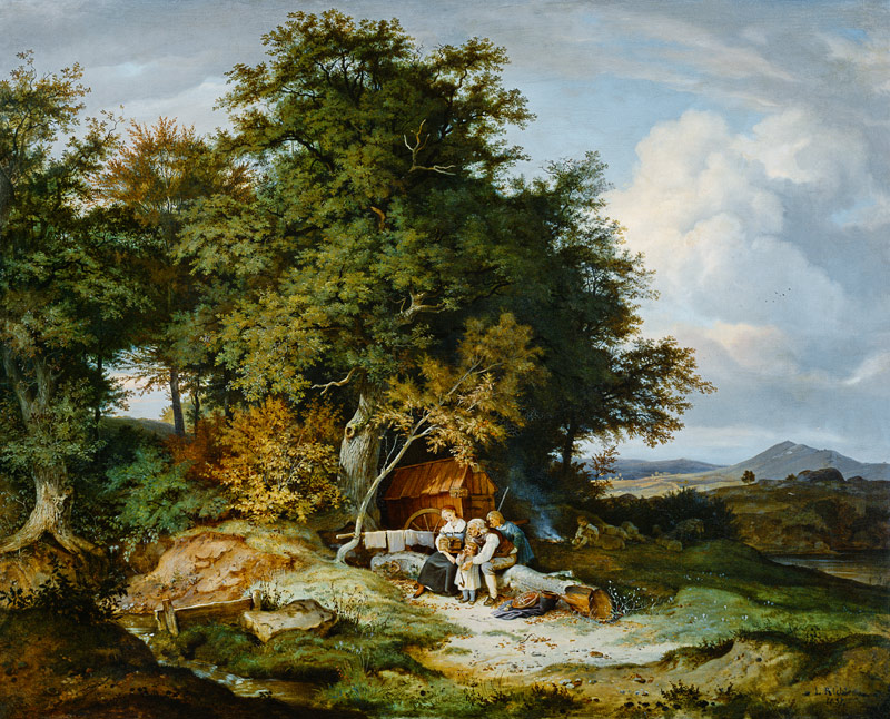 Herbstlicher Wald mit Schäferfamilie von Ludwig Richter