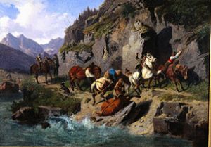 Treidelknechte mit Pferden beim Schleppen von Lastkähnen (Inn) von Ludwig von Hartmann