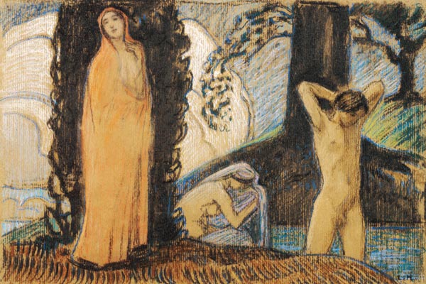 Dekorative Skizze mit zwei Frauen und einem Jüngling von Ludwig von Hofmann