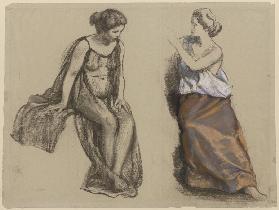 Studienblatt: Zwei Frauen, sitzend, in unterschiedlicher Bekleidung