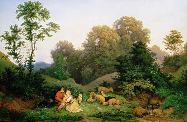 Shepherd and Shepherdess in a German landscape von Ludwig Adrian Richter