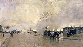 Morgendliche Pariser Straße mit Dampfwolken 1885