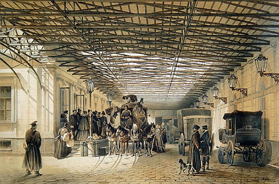 Departure of a Stagecoach from St. Petersburg Station, 1848 (w/c & ink on paper) von Luigi (Ludwig Osipovich) Premazzi