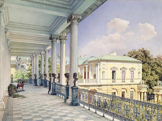 The Cameron Gallery at Tsarskoye Selo, 1859 (w/c & white colour on paper) von Luigi (Ludwig Osipovich) Premazzi