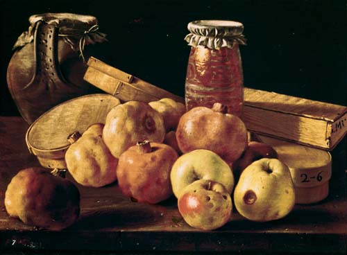 Still Life with Pomegranates, Apples, a Pot of Jam and a Stone Pot von Luis Melendez