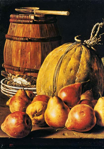 Still Life with pears, melon and barrel for marinading von Luis Egidio Melendez