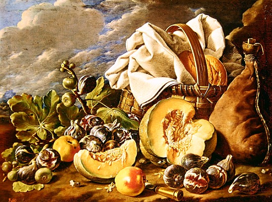 Still Life with figs, wicker basket, pumpkin, bread, wine skin and knife von Luis Egidio Melendez