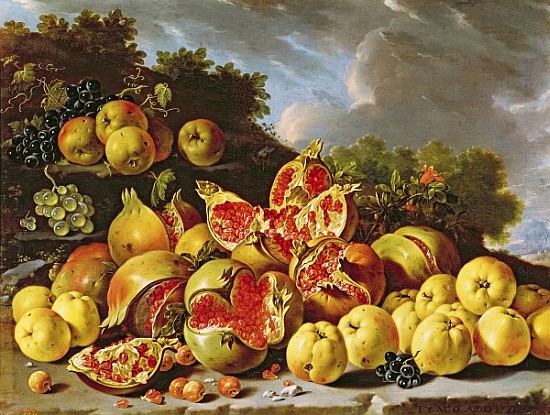 Still Life with pomegranates, apples, cherries and grapes von Luis Egidio Melendez
