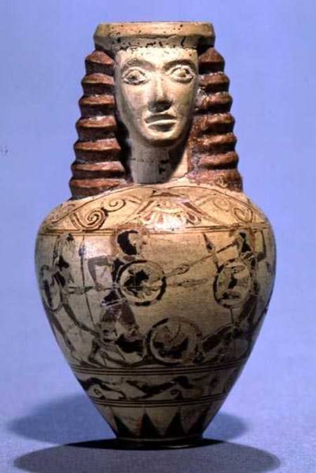 Proto-Corinthian aryballos with a human head, decorated with a scene of combat von Macmillan  Painter