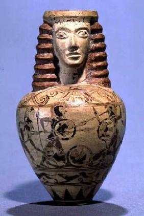 Proto-Corinthian aryballos with a human head, decorated with a scene of combat c.640 BC