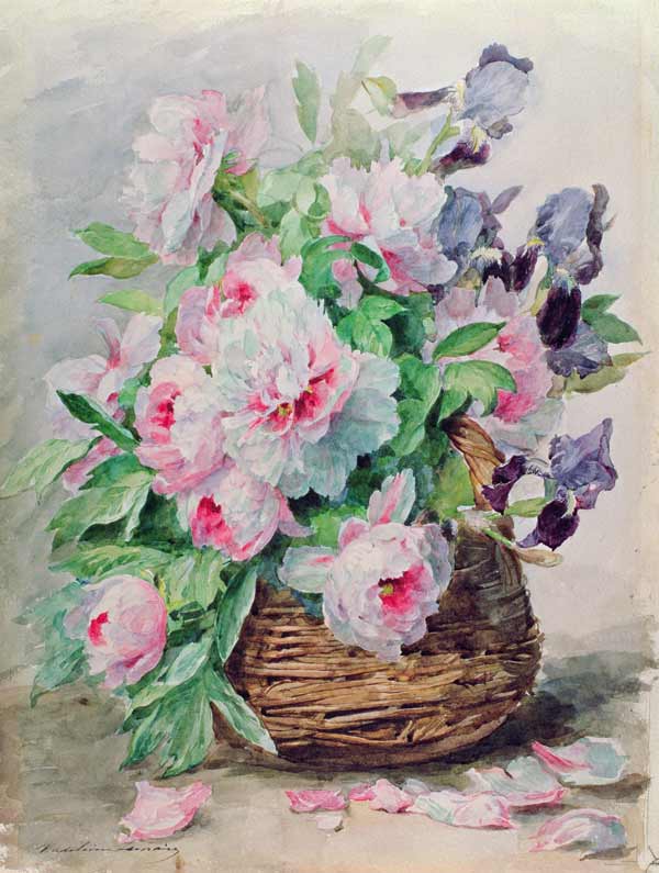 Irises and Peonies in a Basket (w/c and gouache on paper) von Madeleine Lemaire