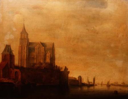 Groote Kerk with a View of the Main Tower, Emmerich in a River Landscape with Sailing Boats von Maerten Fransz van der Hulst