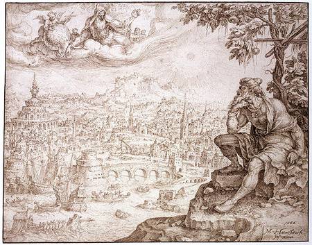 Jonah, Seated Under the Gourd, Contemplates the City of Nineveh von Maerten van Heemskerck